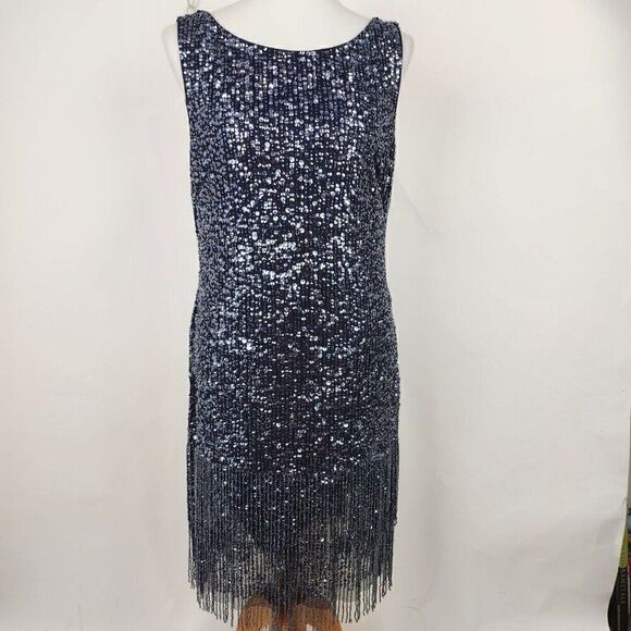 ADRIANNA PAPELL Navy Beaded Fringe Sequin Flapper Cocktail Party Dress 12-14 - Picture 3 of 8